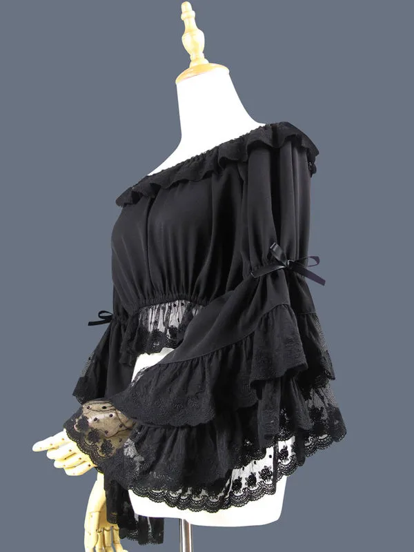 Sweet Lolita Blouse Lace Ruffle Bow Hime Sleeve Chiffon Black Lolita Crop Top