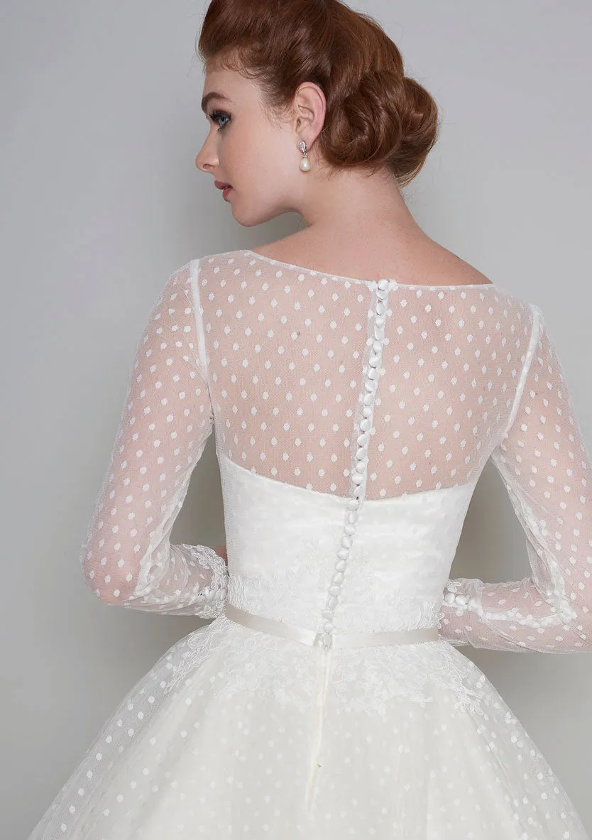 Tea Length Long Sleeve Vintage Polka Dot Illusion Bateau And Tulle Wedding Dress-715757