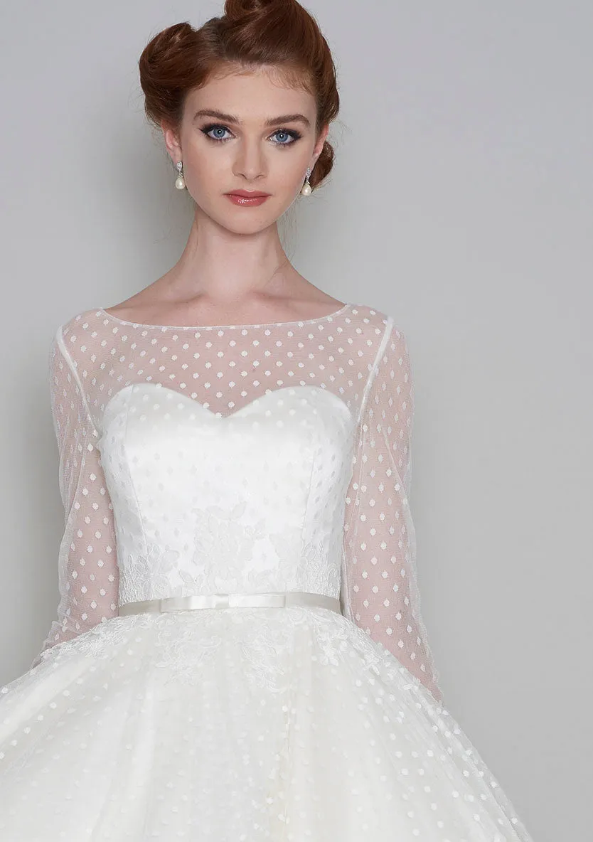 Tea Length Long Sleeve Vintage Polka Dot Illusion Bateau And Tulle Wedding Dress-715757