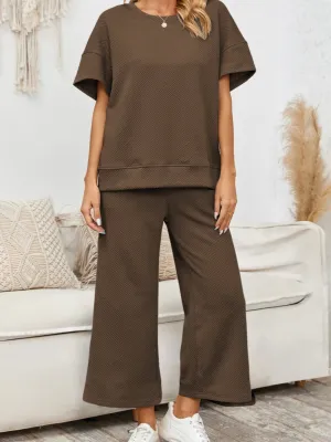 Textured Short Sleeve Set: Brown