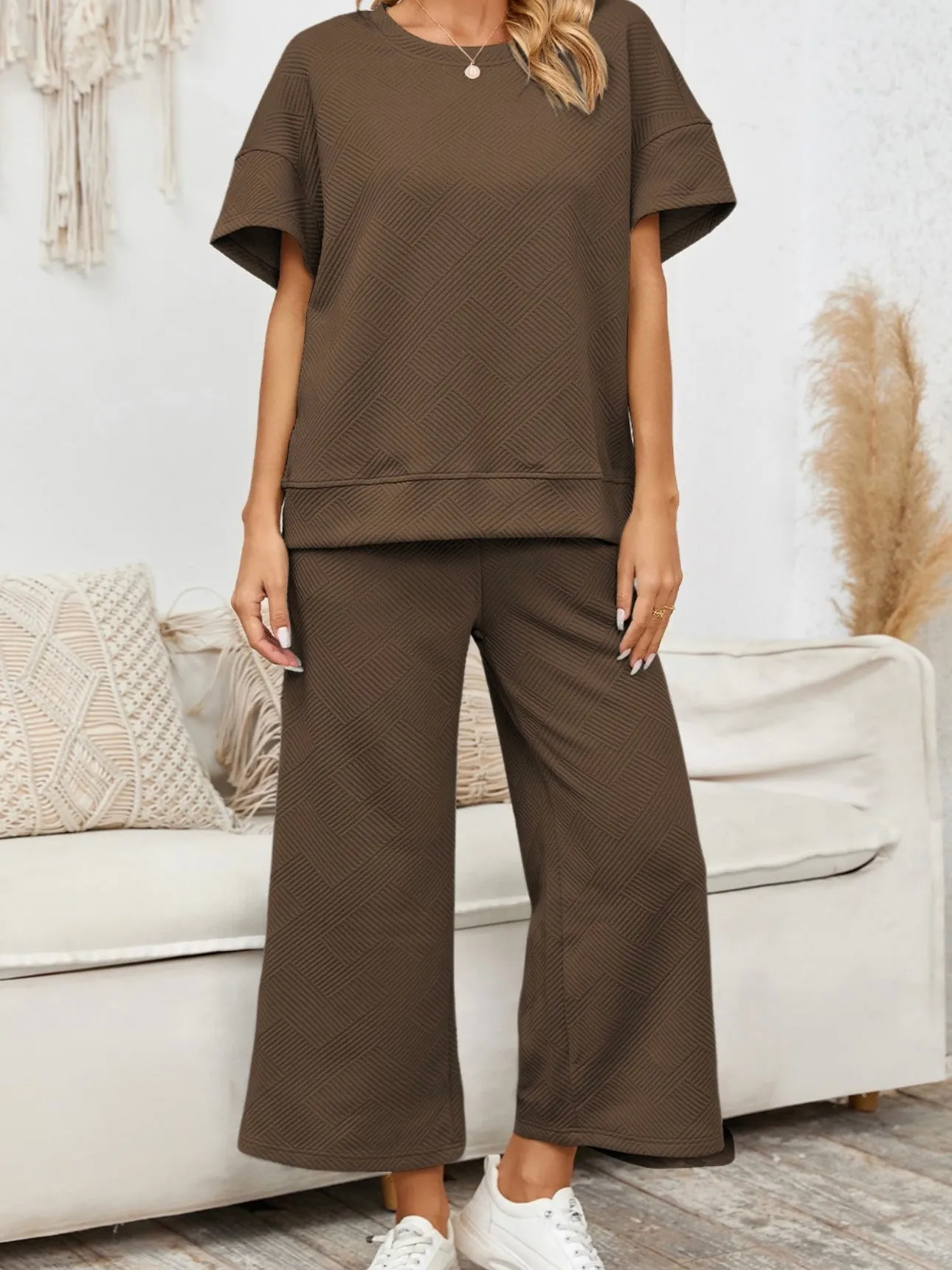 Textured Short Sleeve Set: Brown