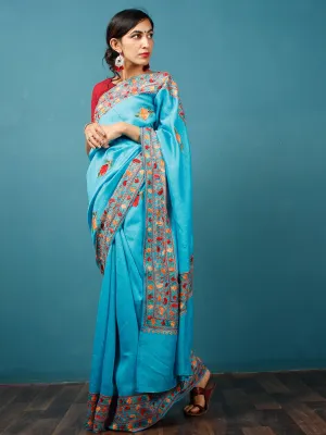 Turquoise Blue Rust Orange Aari Embroidered Bhagalpuri Silk Saree From Kashmir - S031703073