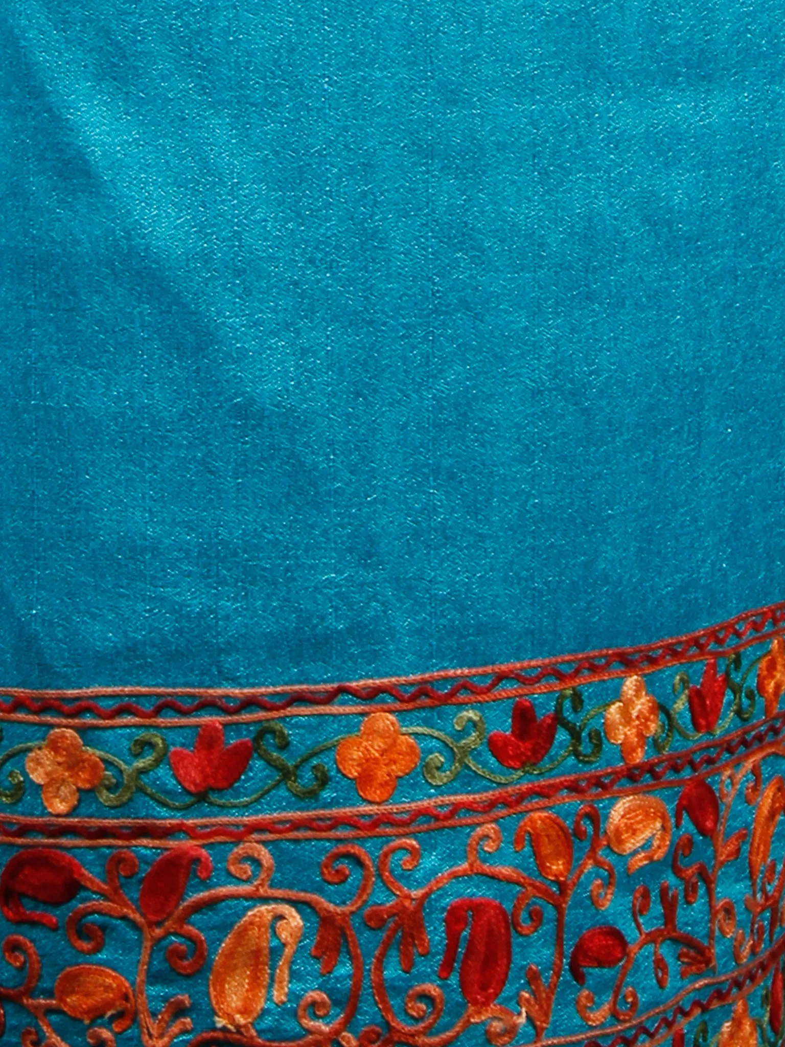 Turquoise Blue Rust Orange Aari Embroidered Bhagalpuri Silk Saree From Kashmir - S031703073