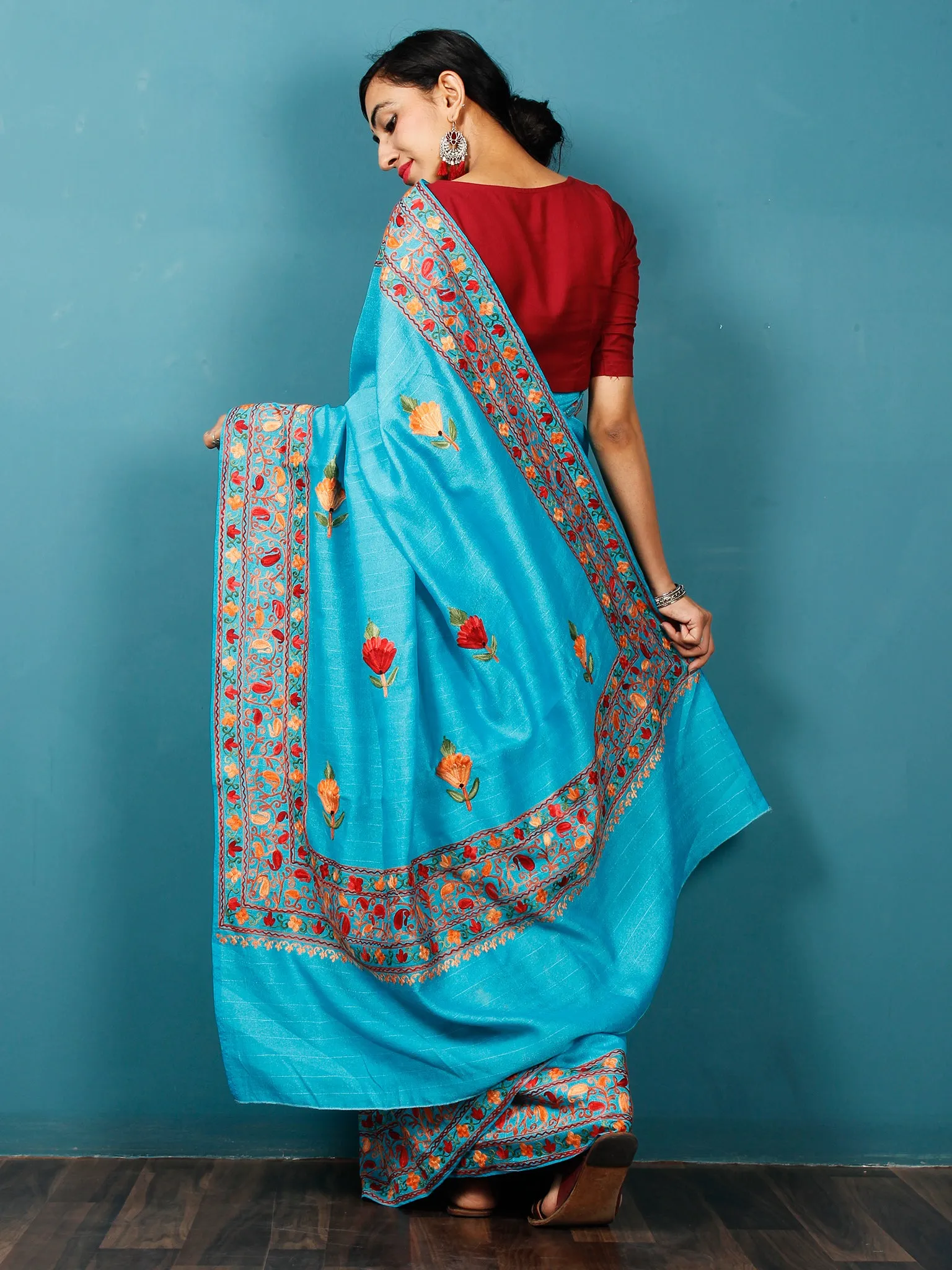 Turquoise Blue Rust Orange Aari Embroidered Bhagalpuri Silk Saree From Kashmir - S031703073
