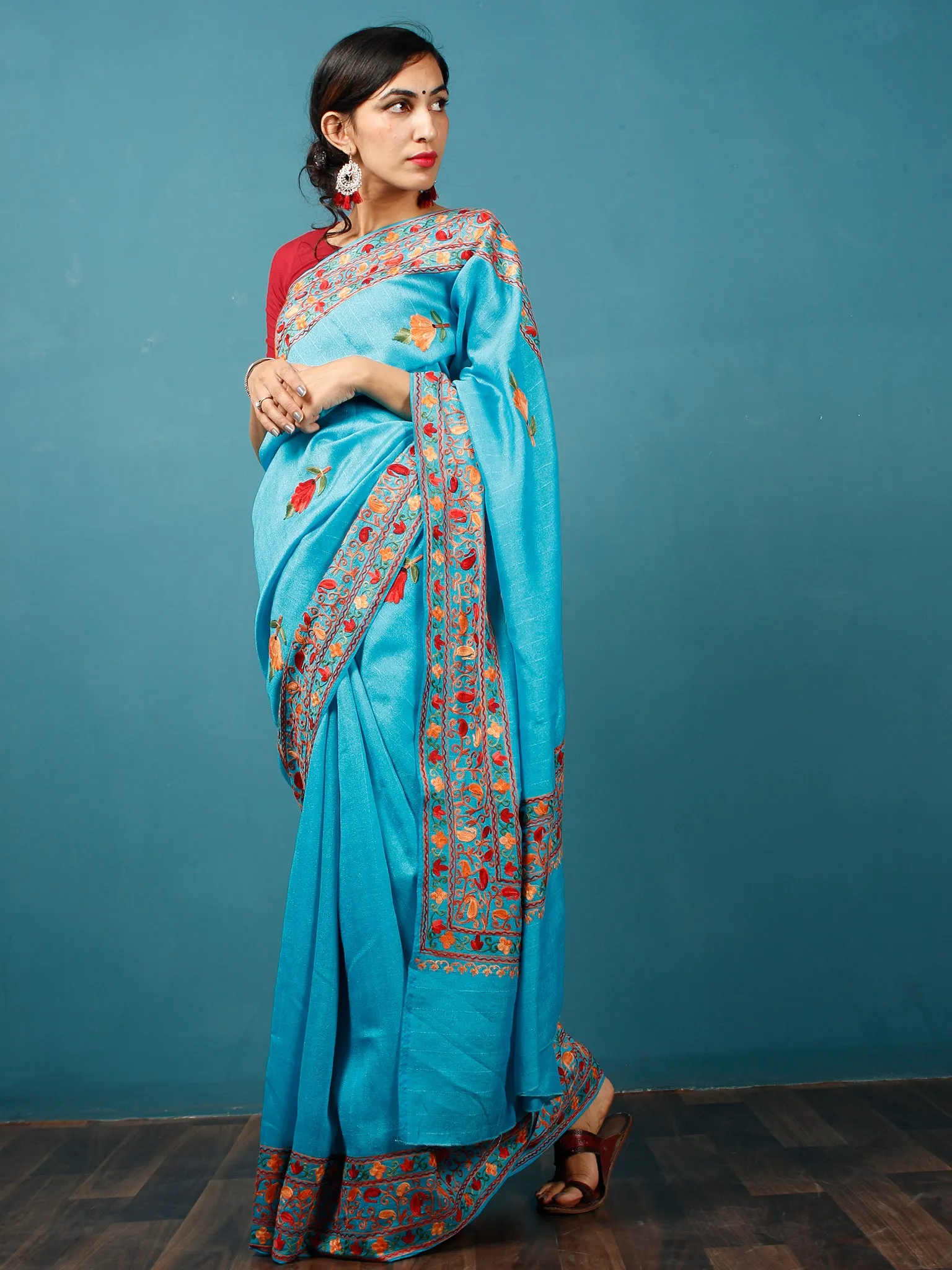 Turquoise Blue Rust Orange Aari Embroidered Bhagalpuri Silk Saree From Kashmir - S031703073