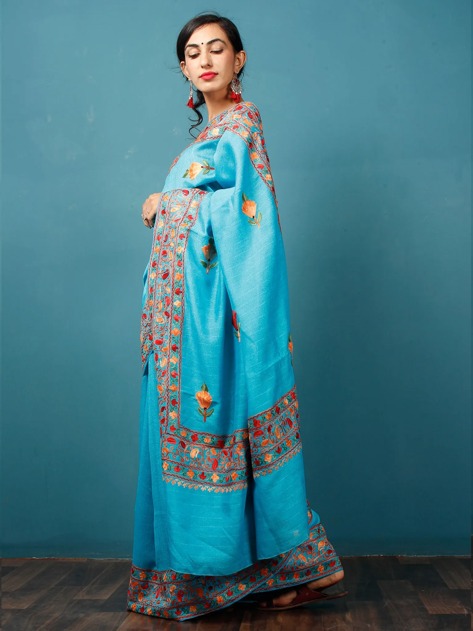 Turquoise Blue Rust Orange Aari Embroidered Bhagalpuri Silk Saree From Kashmir - S031703073