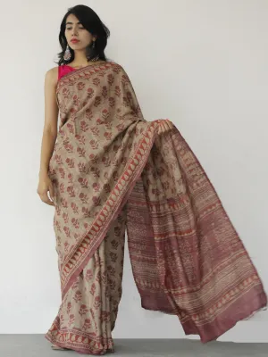 Tussar Handloom Silk Hand Block Printed Saree in Kashish Red Peach - S031702537