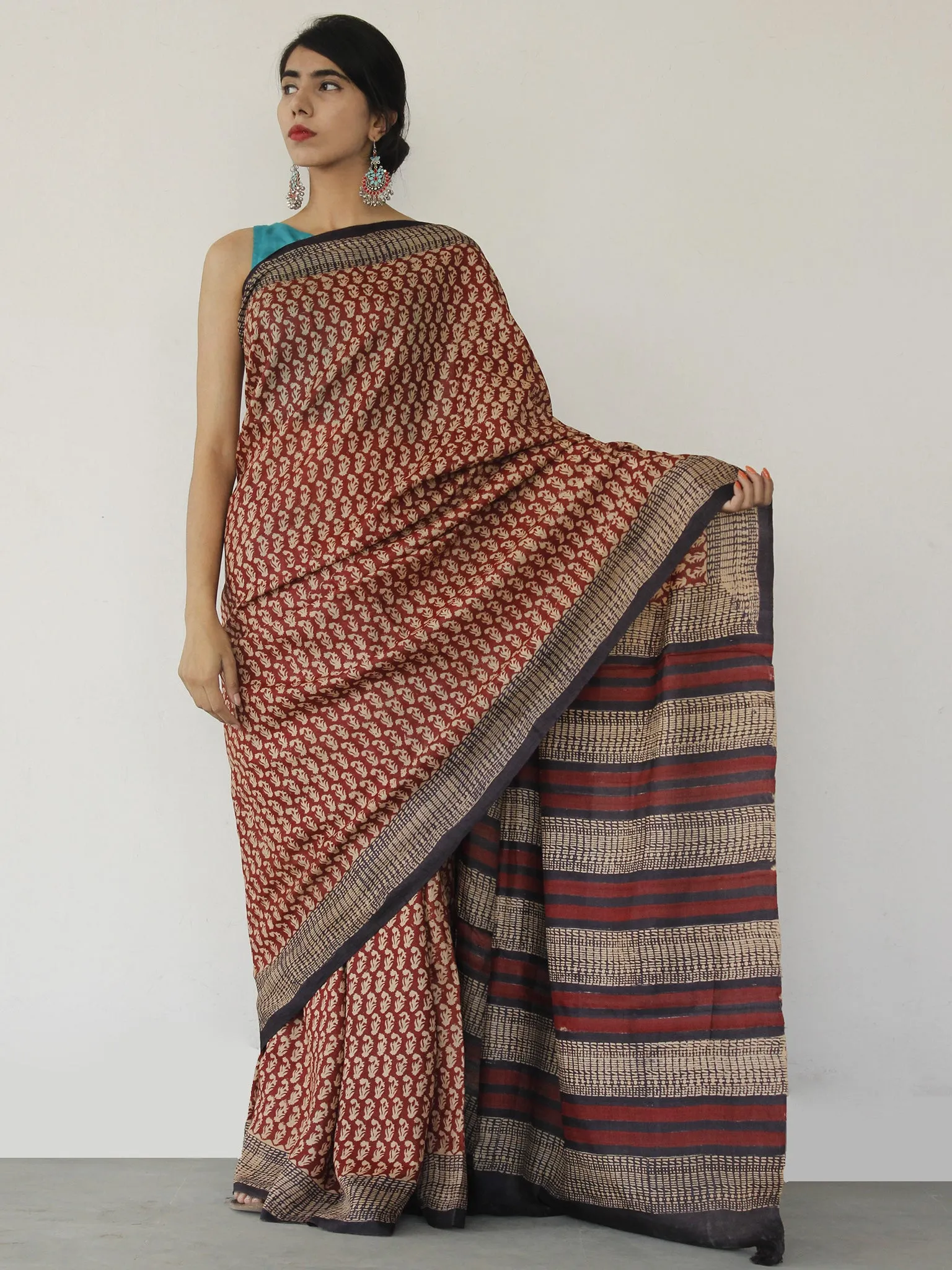 Tussar Handloom Silk Hand Block Printed Saree in Maroon Beige  - S031702553