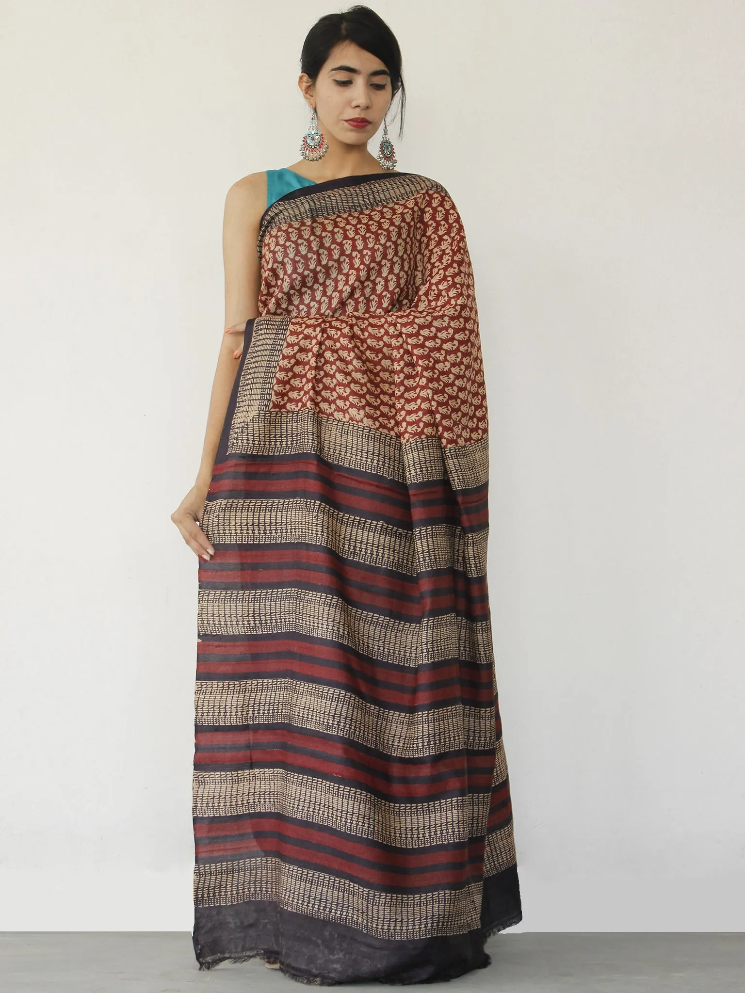 Tussar Handloom Silk Hand Block Printed Saree in Maroon Beige  - S031702553