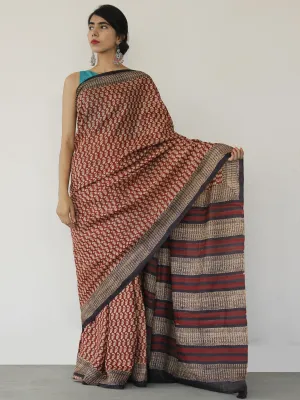 Tussar Handloom Silk Hand Block Printed Saree in Maroon Beige  - S031702553