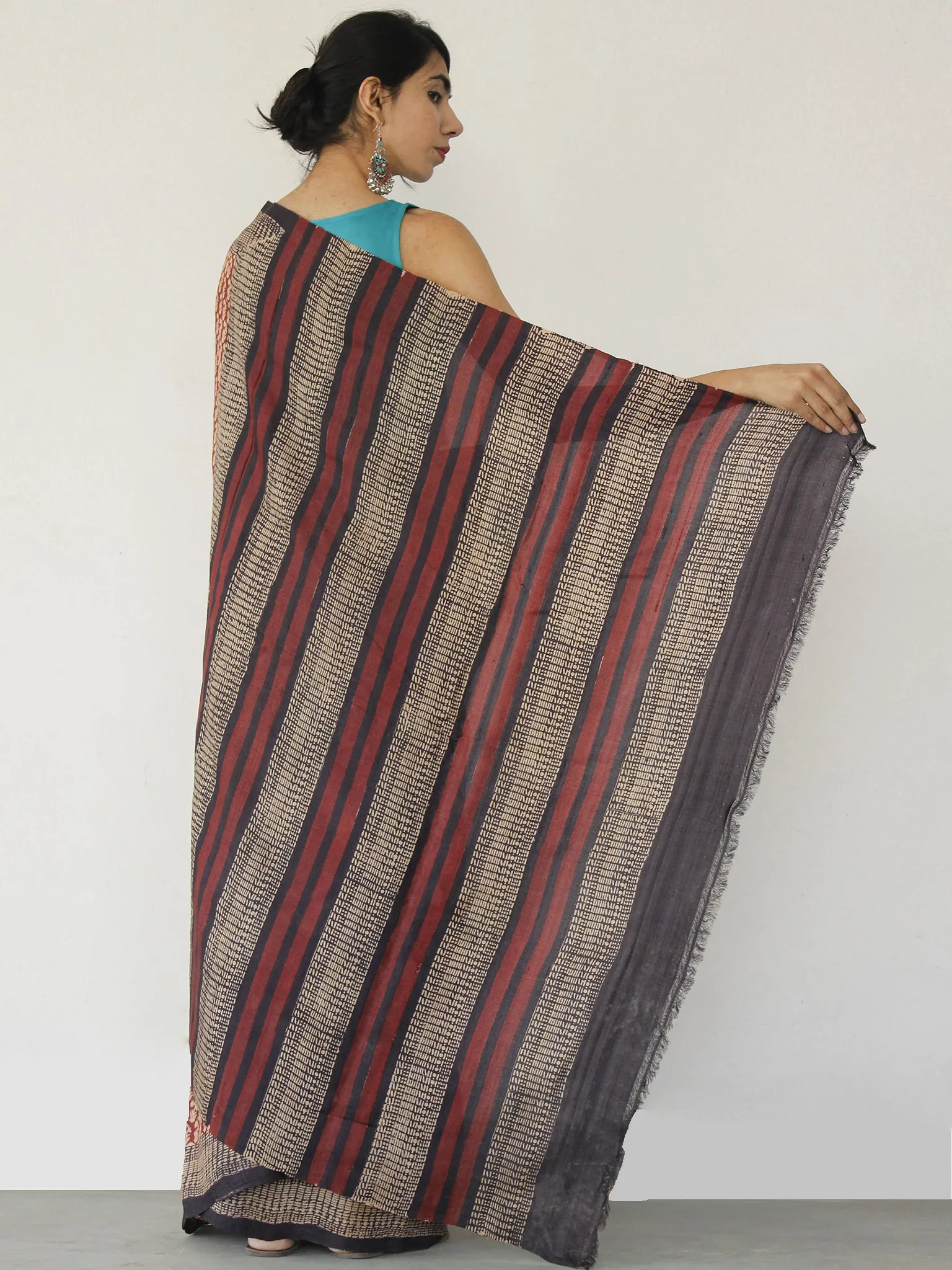 Tussar Handloom Silk Hand Block Printed Saree in Maroon Beige  - S031702553