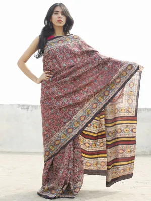 Tussar Handloom Silk Hand Block Printed Saree in Plum Teal blue Black & Ivory  - S031702567