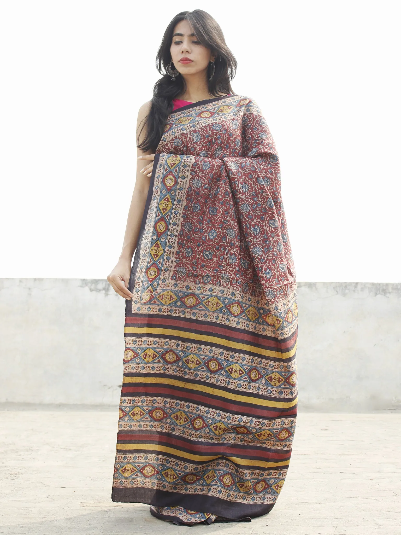 Tussar Handloom Silk Hand Block Printed Saree in Plum Teal blue Black & Ivory  - S031702567