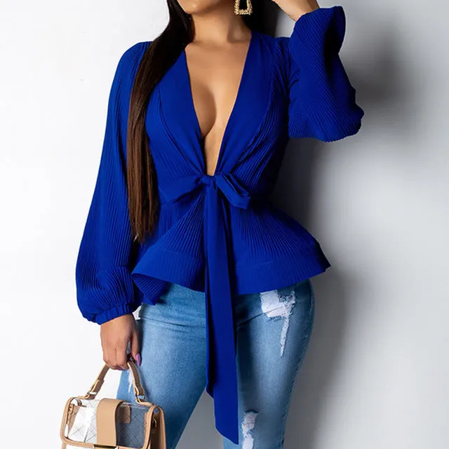 V-neck Long-sleeved Bow Top with Bright-colored Pullover Chiffon Shirt