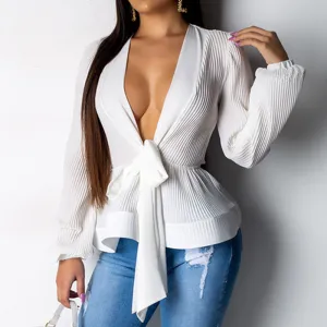 V-neck Long-sleeved Bow Top with Bright-colored Pullover Chiffon Shirt