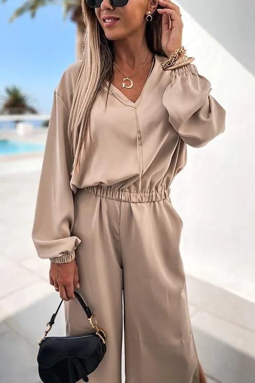 V Neck Loose T Shirt Slit Pants Set