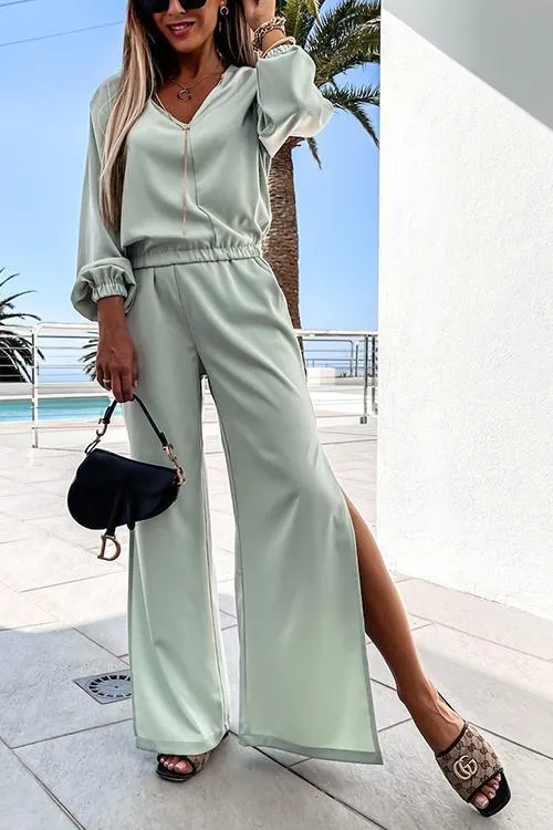 V Neck Loose T Shirt Slit Pants Set