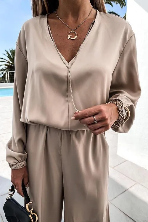V Neck Loose T Shirt Slit Pants Set