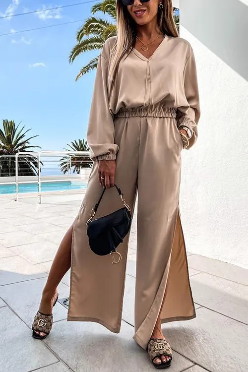 V Neck Loose T Shirt Slit Pants Set