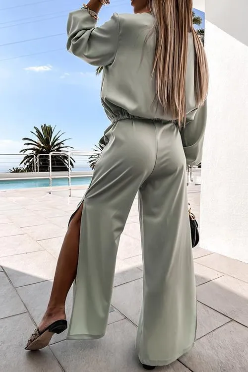 V Neck Loose T Shirt Slit Pants Set