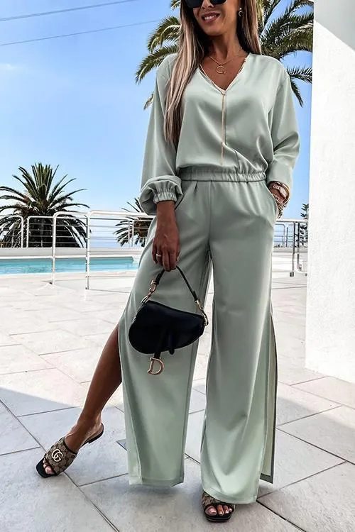 V Neck Loose T Shirt Slit Pants Set