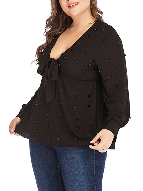 V-neck Straps Pearl Chiffon Long-sleeved T-shirt Tops Plus Size