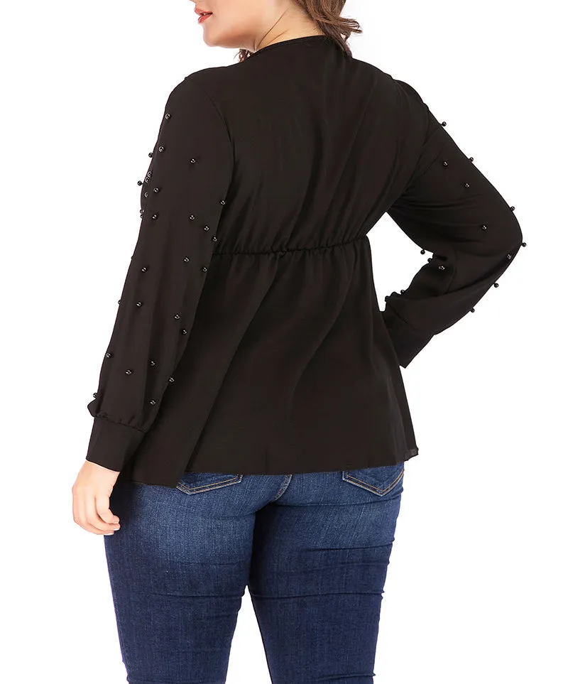 V-neck Straps Pearl Chiffon Long-sleeved T-shirt Tops Plus Size
