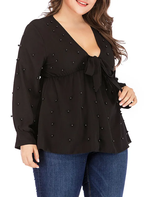 V-neck Straps Pearl Chiffon Long-sleeved T-shirt Tops Plus Size