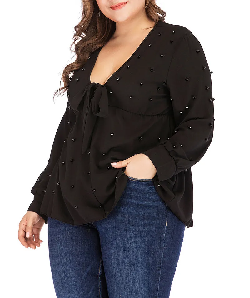 V-neck Straps Pearl Chiffon Long-sleeved T-shirt Tops Plus Size