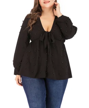 V-neck Straps Pearl Chiffon Long-sleeved T-shirt Tops Plus Size