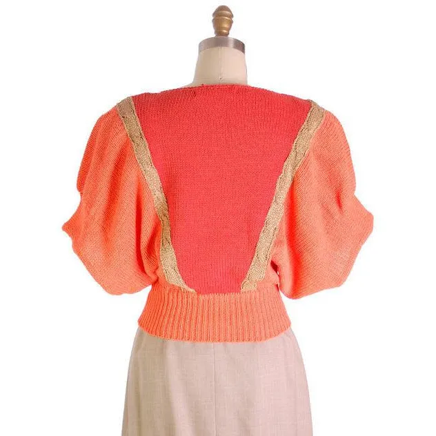 Vintage Womens Cotton Sweater Orange Beaded 1980s Goldbergs La Nuit M