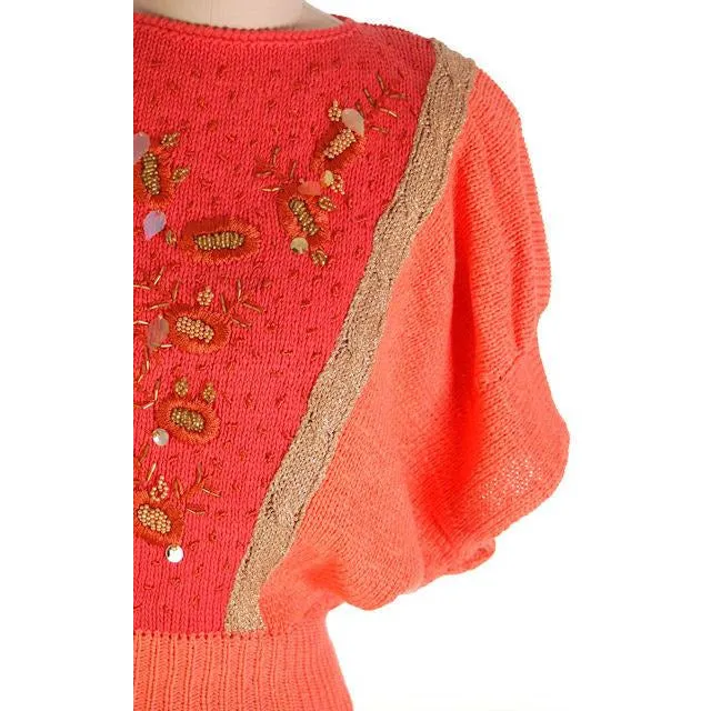 Vintage Womens Cotton Sweater Orange Beaded 1980s Goldbergs La Nuit M