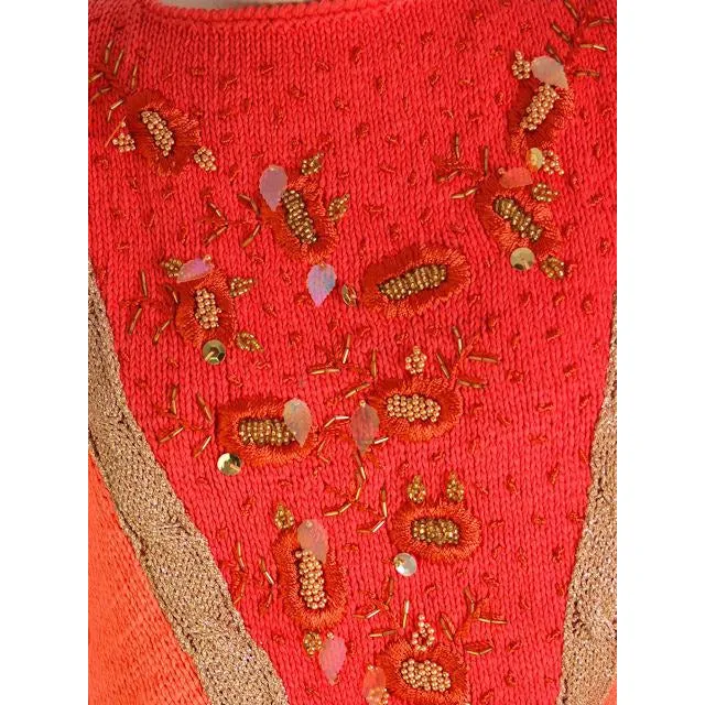 Vintage Womens Cotton Sweater Orange Beaded 1980s Goldbergs La Nuit M
