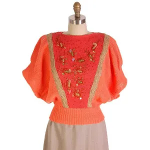 Vintage Womens Cotton Sweater Orange Beaded 1980s Goldbergs La Nuit M