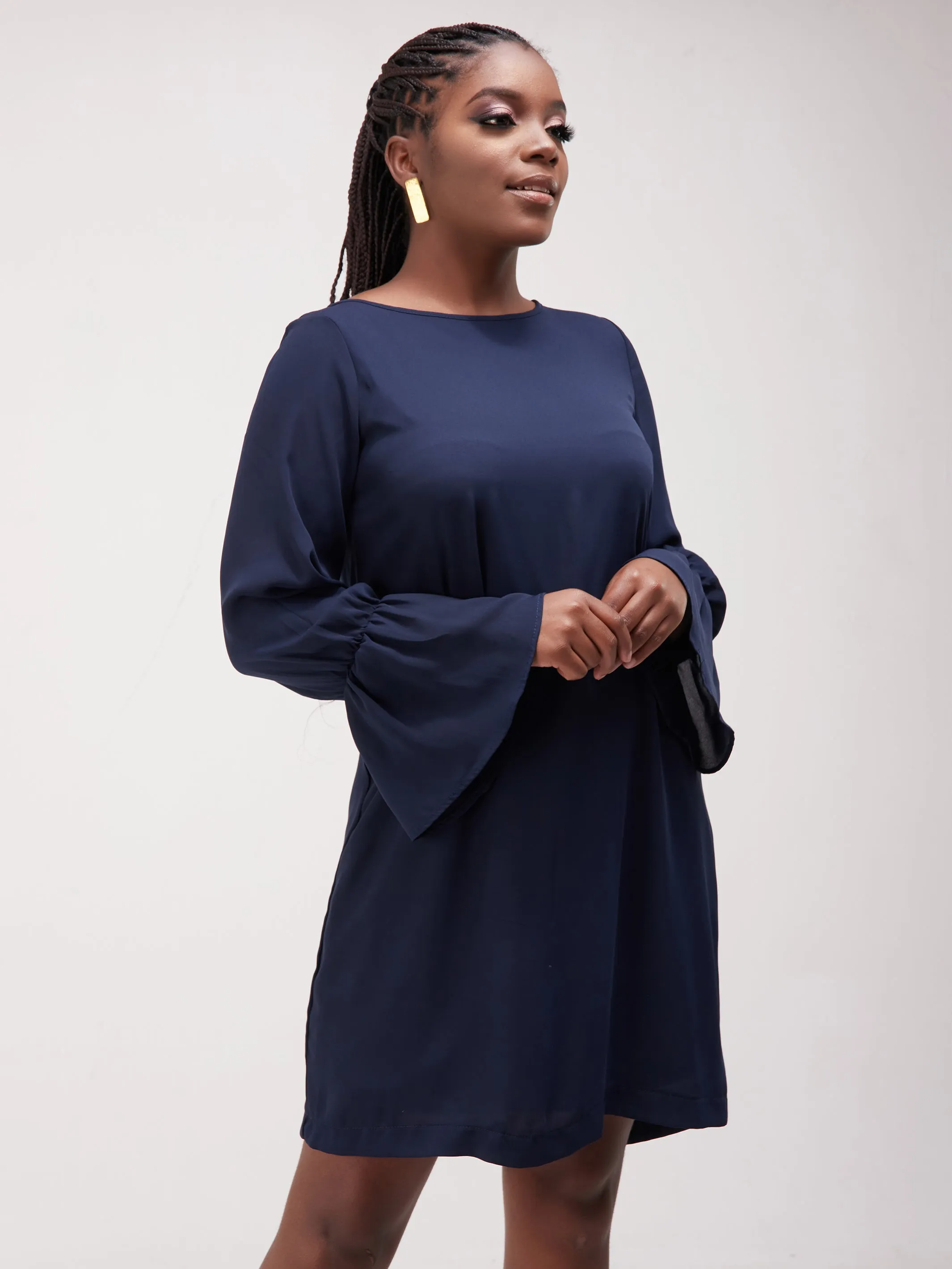 Vivo Tamari Long Sleeve Chiffon Shift Dress - Navy Blue