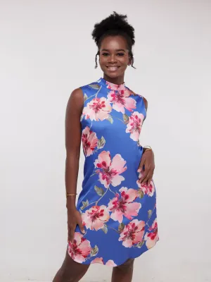 Vivo Thando Mock Neck Shift Dress - Blue Floral Print