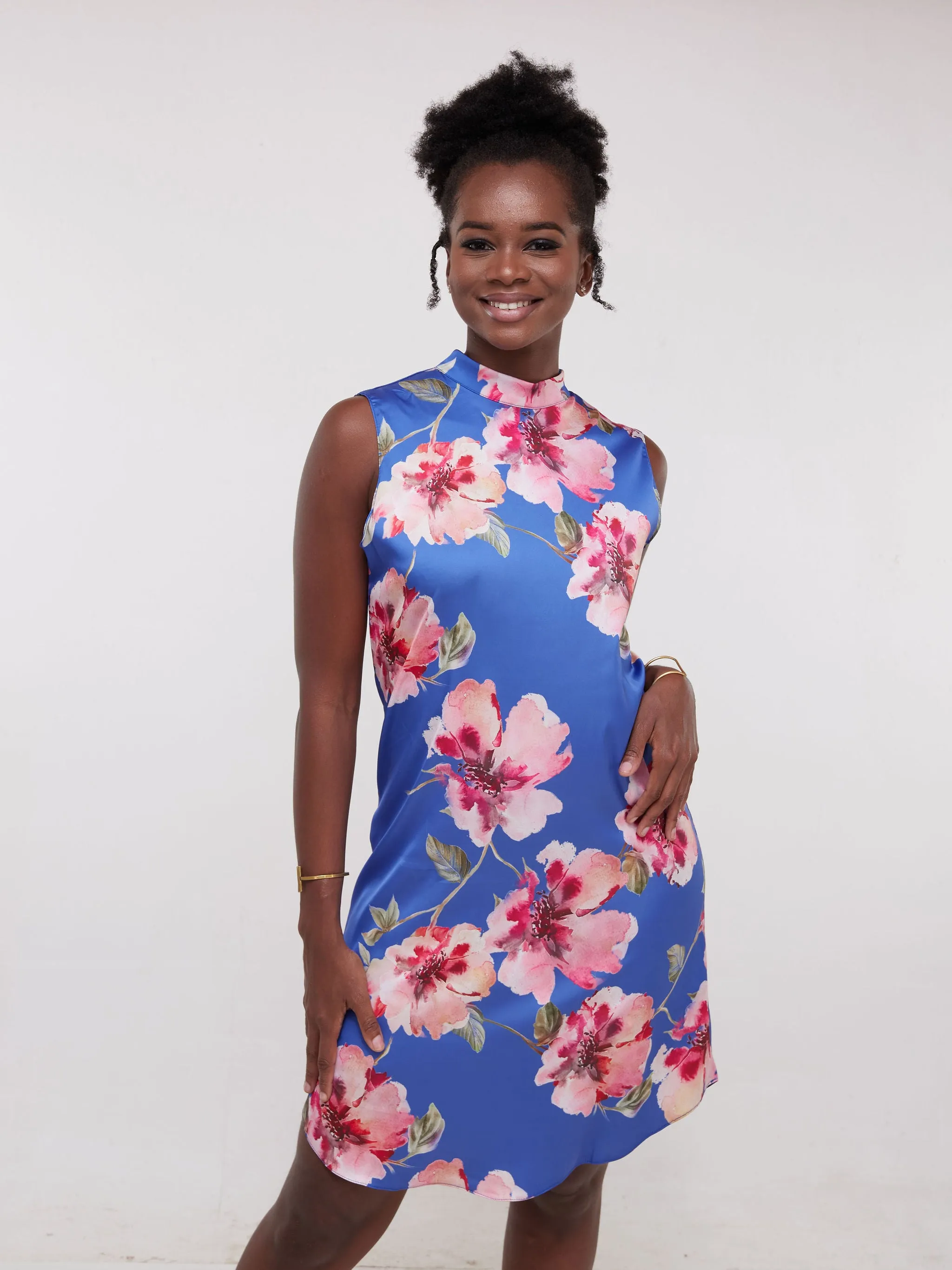 Vivo Thando Mock Neck Shift Dress - Blue Floral Print