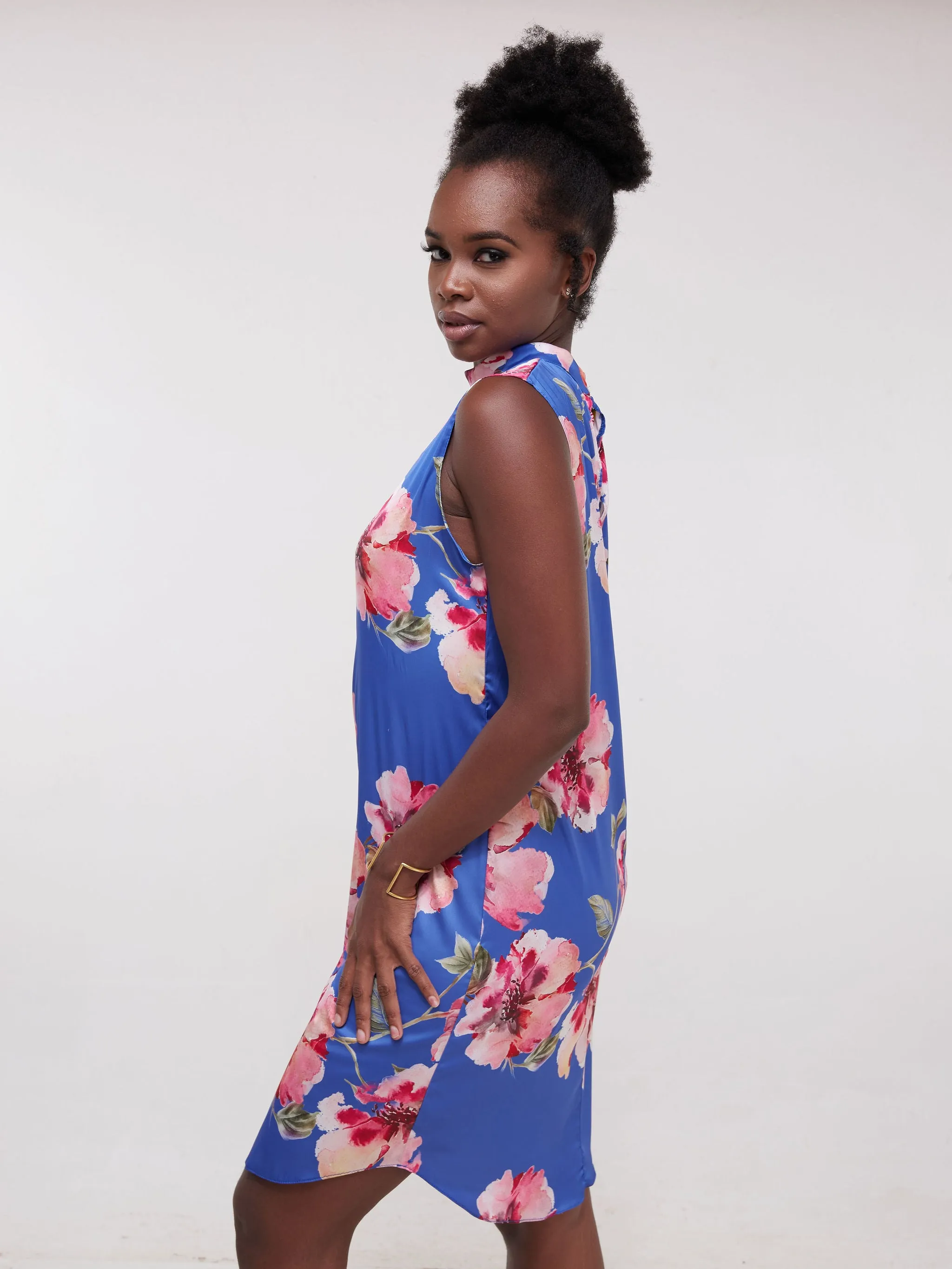 Vivo Thando Mock Neck Shift Dress - Blue Floral Print