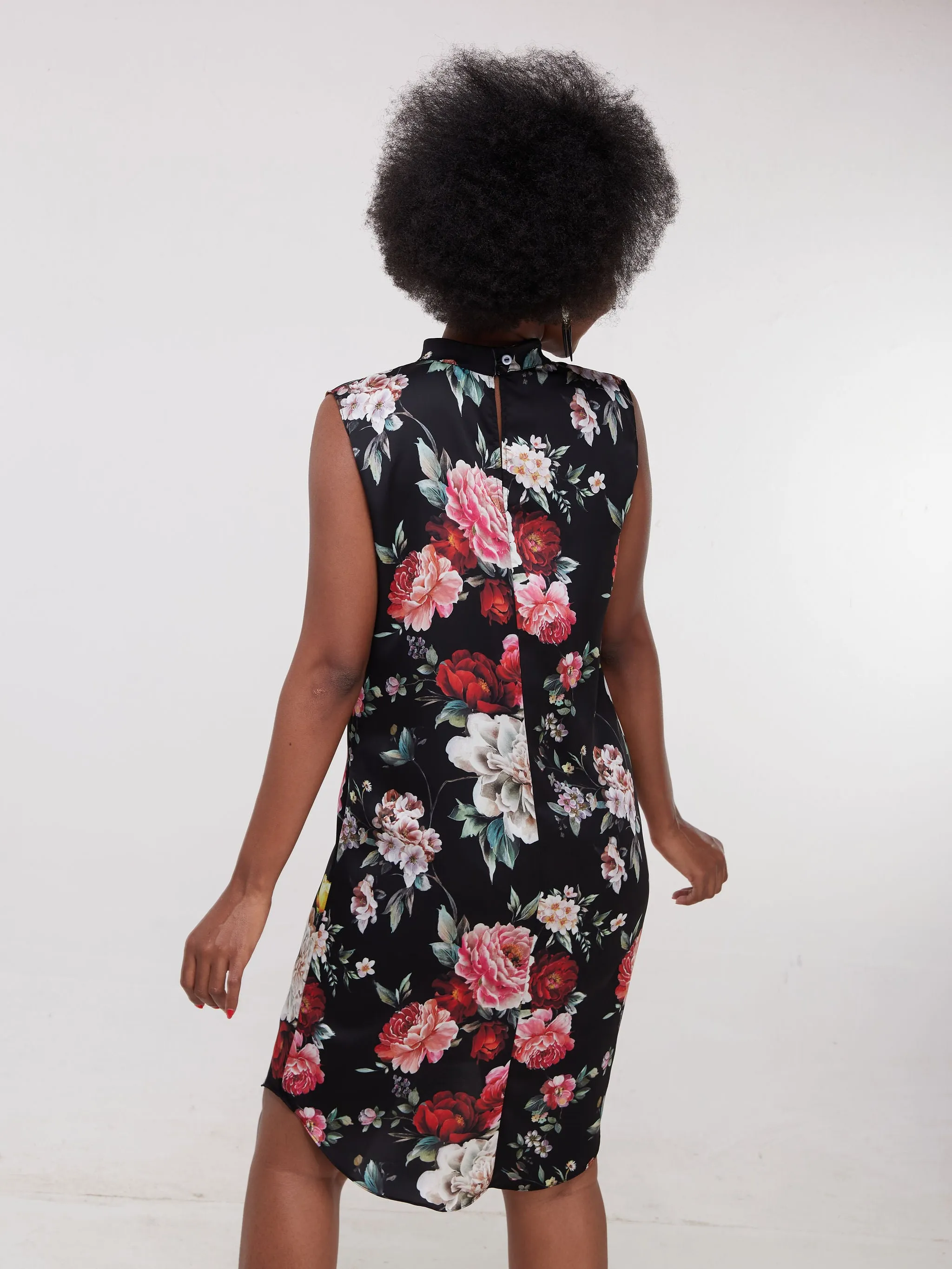 Vivo Thando Mock Neck Shift Dress - Pink/Red Floral Print