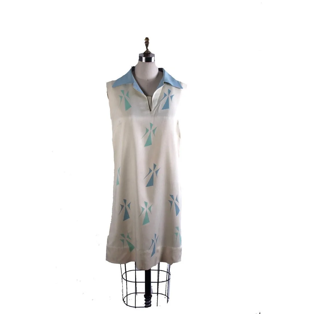VTG Tummey Hand Block Printed 1970s Dress Shift Hippie womens M Blue