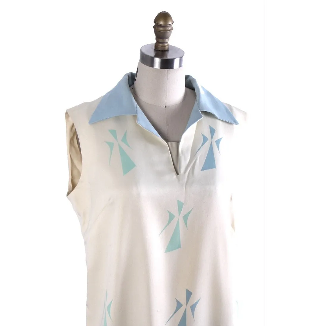 VTG Tummey Hand Block Printed 1970s Dress Shift Hippie womens M Blue