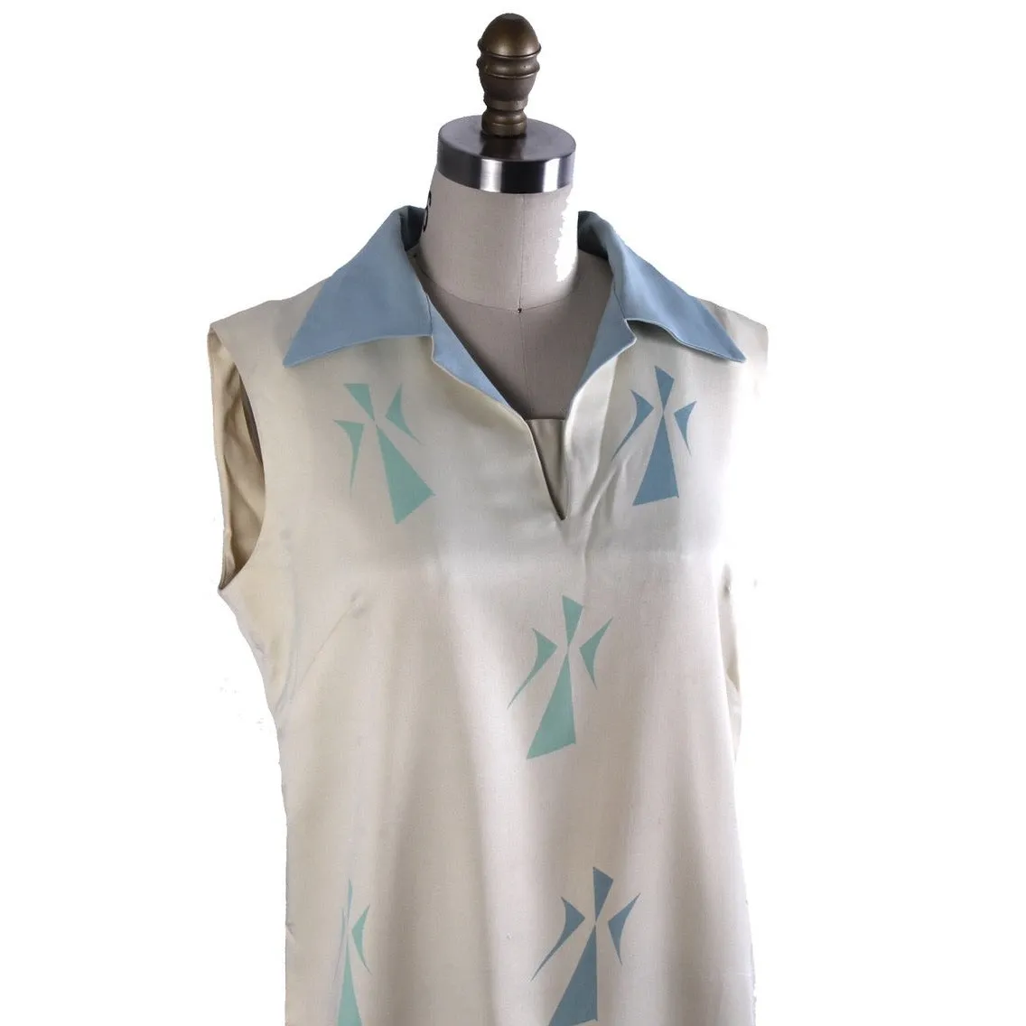 VTG Tummey Hand Block Printed 1970s Dress Shift Hippie womens M Blue