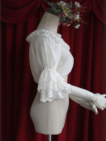 White Chiffon Lolita Blouse Middle Hime Sleeves Lace Trim High Waist