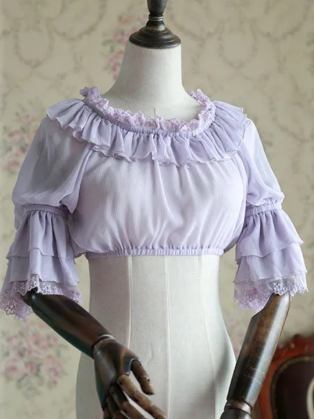 White Chiffon Lolita Blouse Middle Hime Sleeves Lace Trim High Waist
