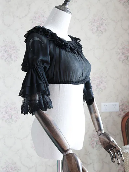 White Chiffon Lolita Blouse Middle Hime Sleeves Lace Trim High Waist
