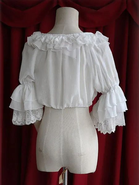White Chiffon Lolita Blouse Middle Hime Sleeves Lace Trim High Waist