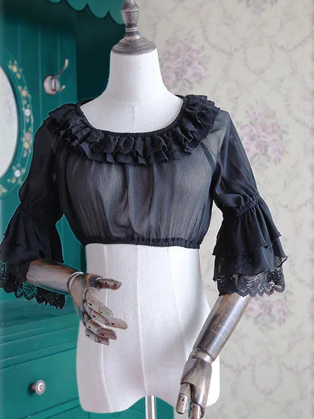White Chiffon Lolita Blouse Middle Hime Sleeves Lace Trim High Waist