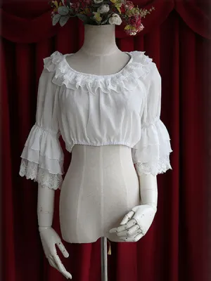 White Chiffon Lolita Blouse Middle Hime Sleeves Lace Trim High Waist