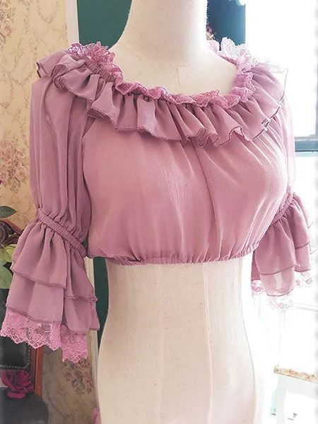 White Chiffon Lolita Blouse Middle Hime Sleeves Lace Trim High Waist