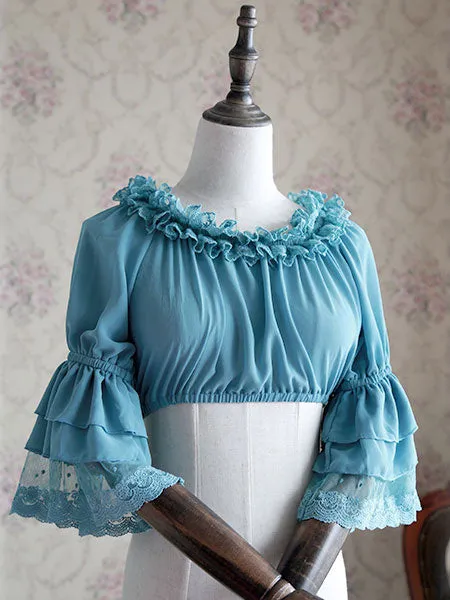 White Chiffon Lolita Blouse Middle Hime Sleeves Lace Trim High Waist